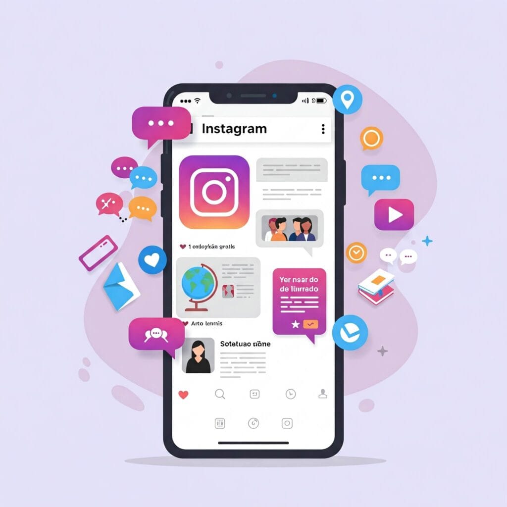 Ilustração de smartphone exibindo a interface do Instagram com posts e ícones interativos sobre como aprender inglês de forma divertida.